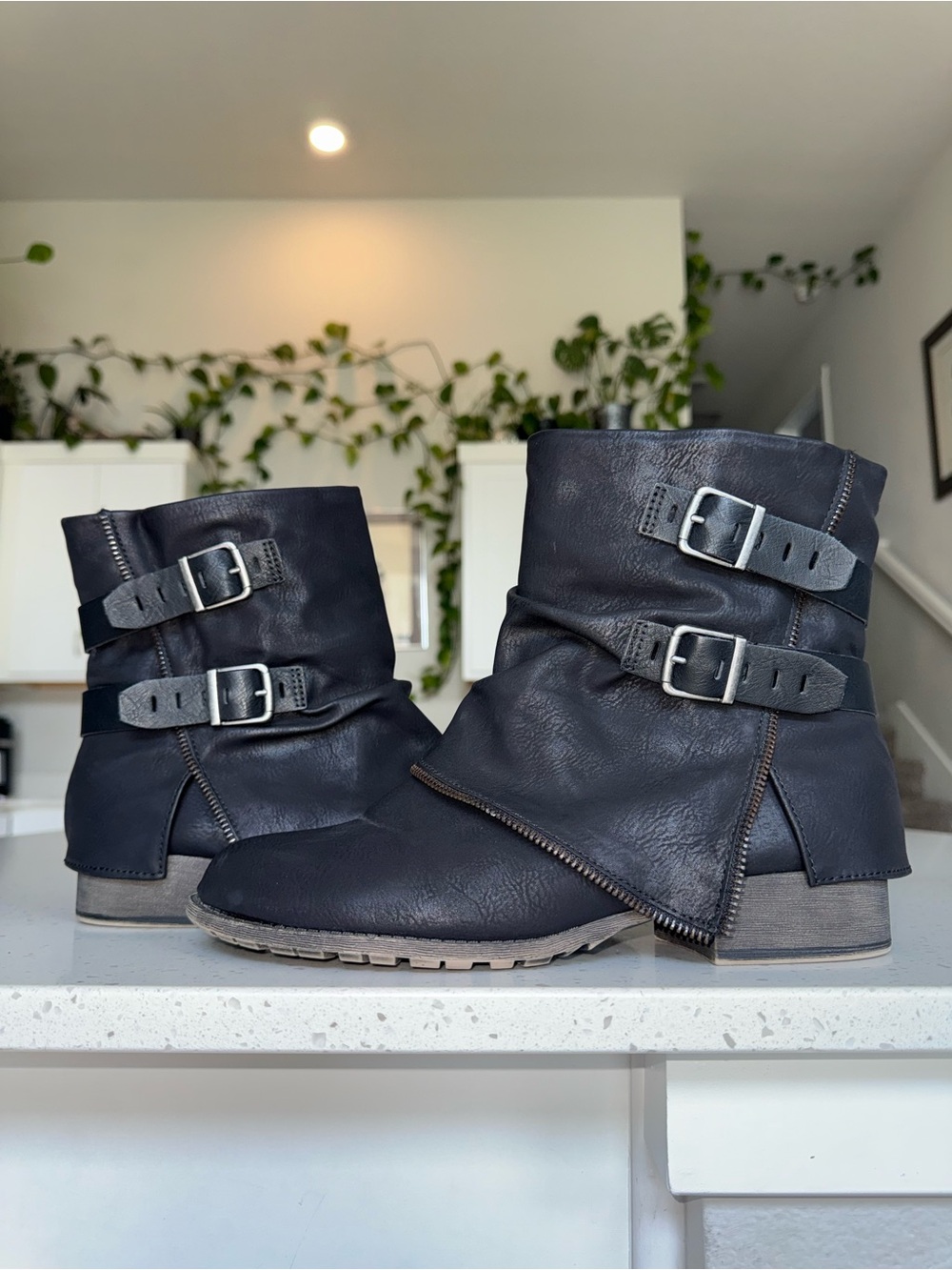 SO Charcoal Black Buckled Slouch Ankle Boots